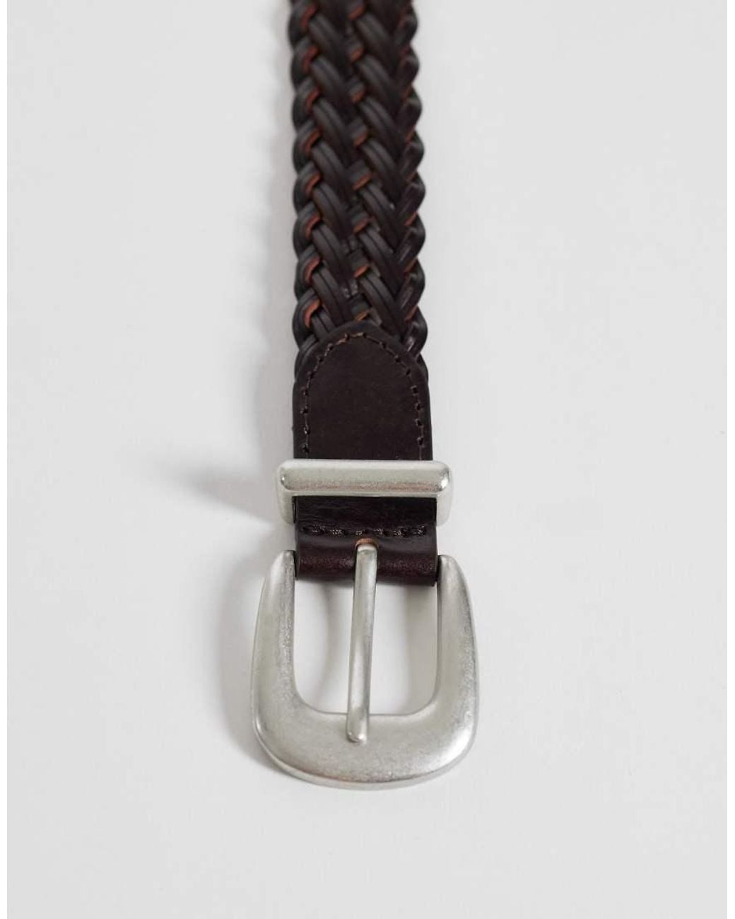 ASOS Brown Skinny Woven Leather Belt With Silver Curve Buckle And Metal Tip for men