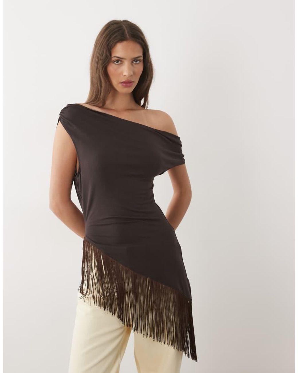 ASOS Natural Asymmetric Fallen Shoulder Top With Fringing Top