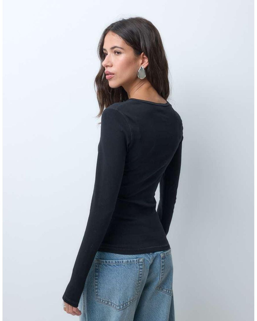 ASOS Blue Cotton V Neck Button Detail Henley Long Sleeve Baby Tee