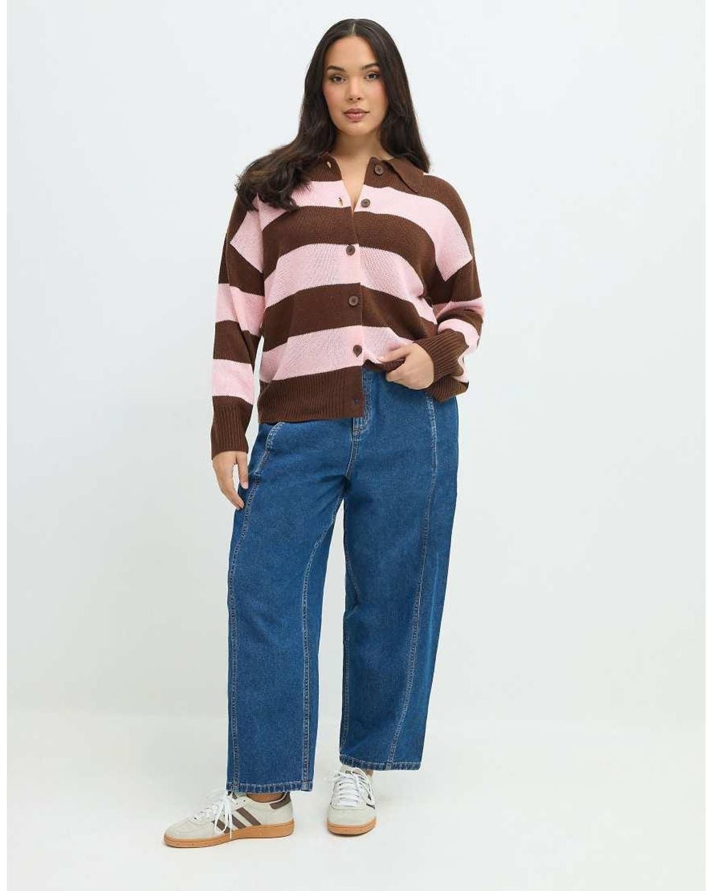 Yours Clothing Brown Stripe Knitted Collared Cardigan
