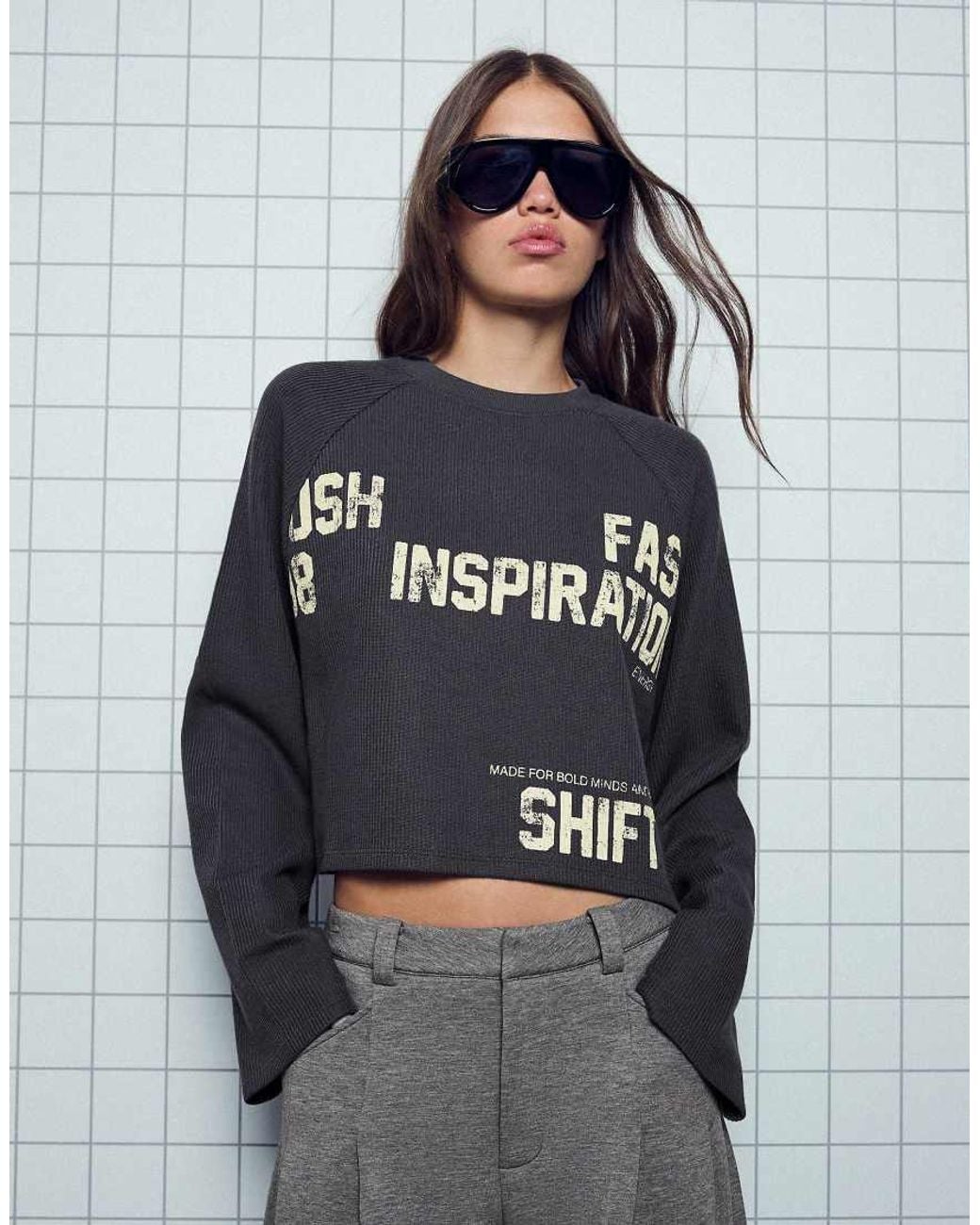 Bershka Gray Round Neck Print Sweatshirt