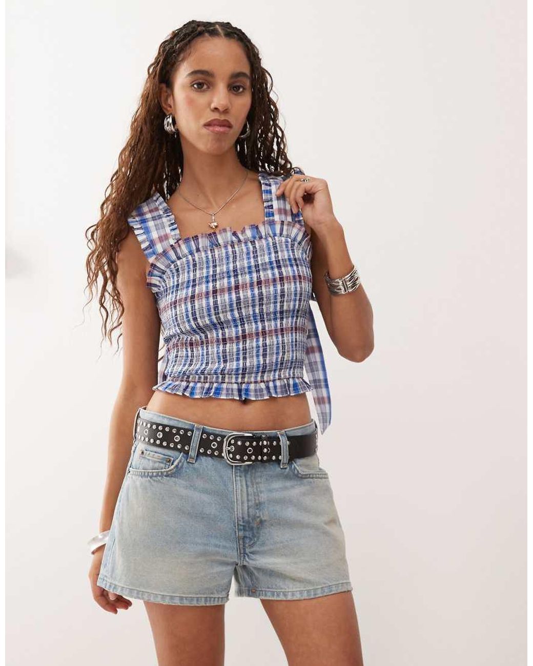 Collusion Blue Shirred Check Cami Top