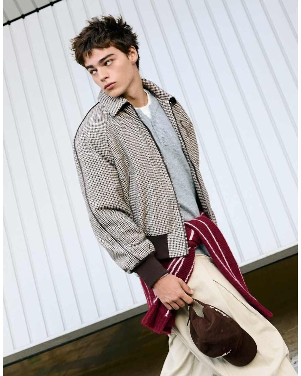 Bershka Gray Felt-Effect Houndstooth Bomber Jacket for men