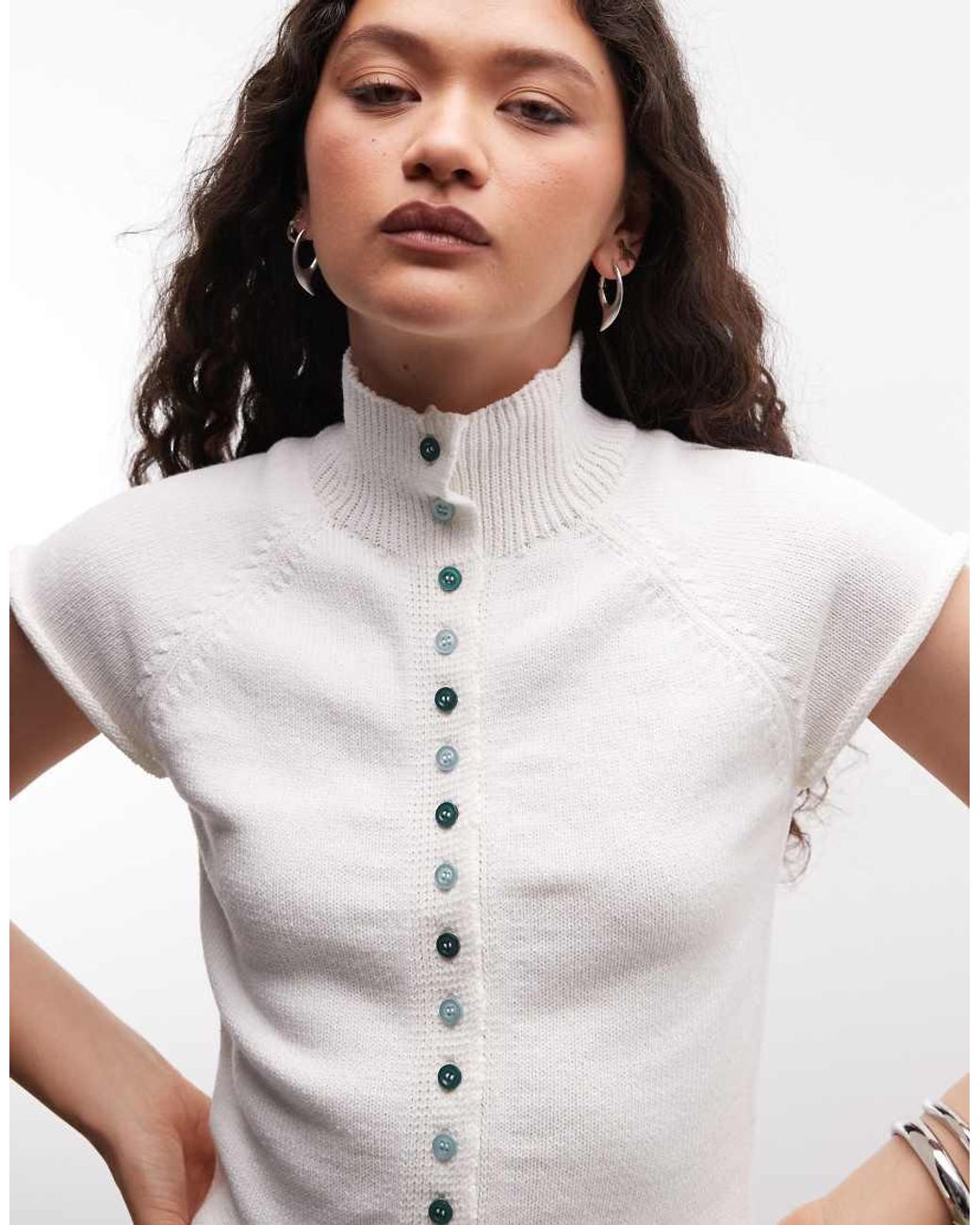 Reclaimed Vintage White Button Through High Neck Compact Knitted Tank