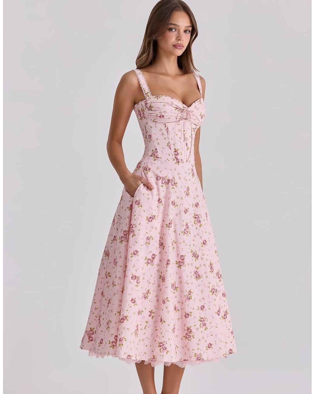 House Of Cb Pink Rosalee Vintage Rose Floral Print Midi Dress
