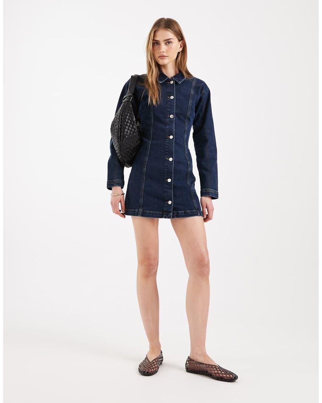 Miss Selfridge Blue Button Through Long Sleeve Mini Dress