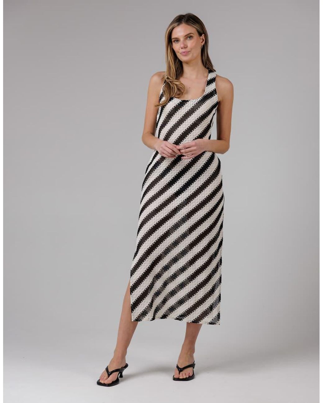 French Connection Gray Beach Cotton Blend Stripe Crochet Scoop Neck Tie Back Midi Dress