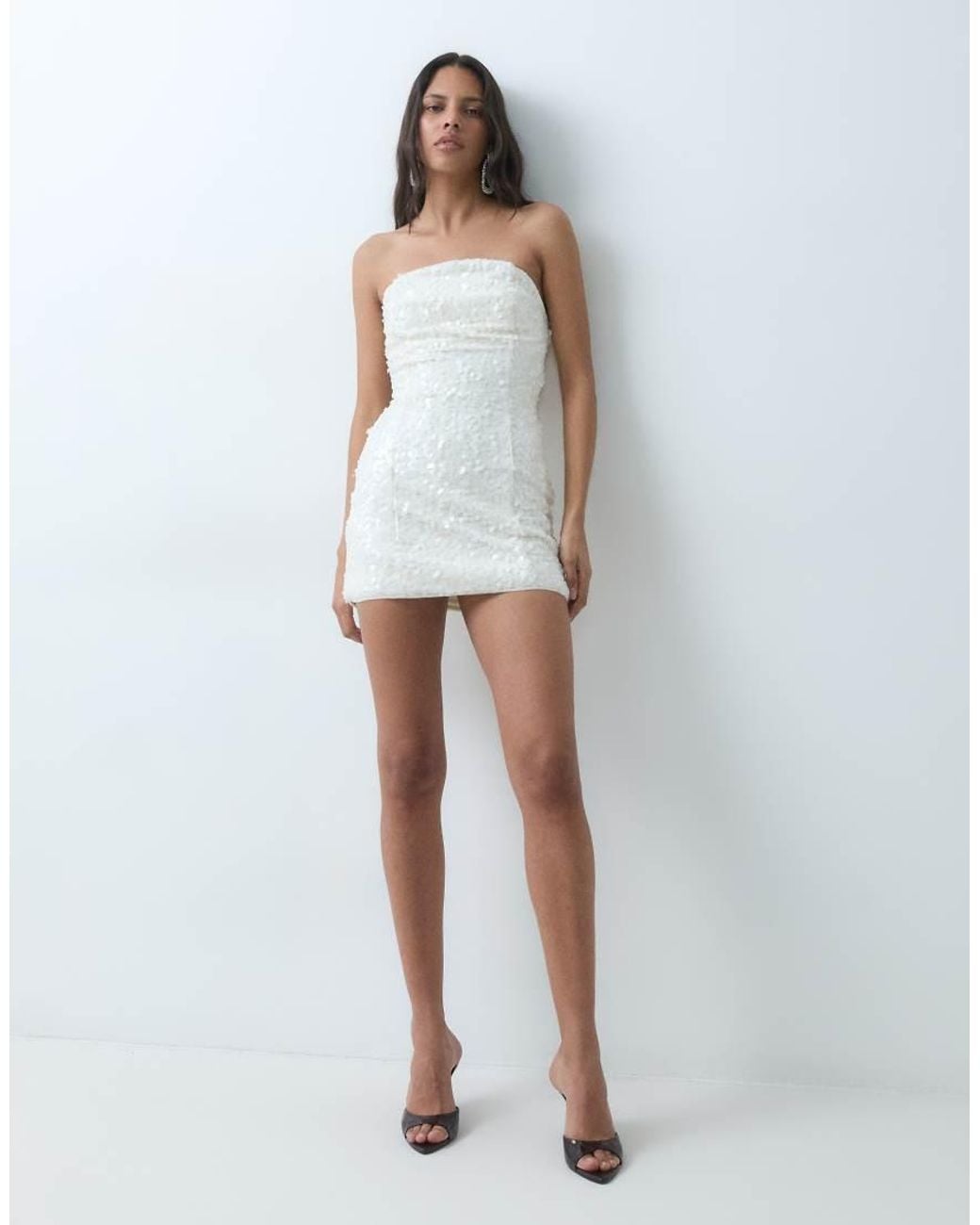 4th & Reckless White Bandeau Curved Neck Sequin Detail Structured Mini Dress