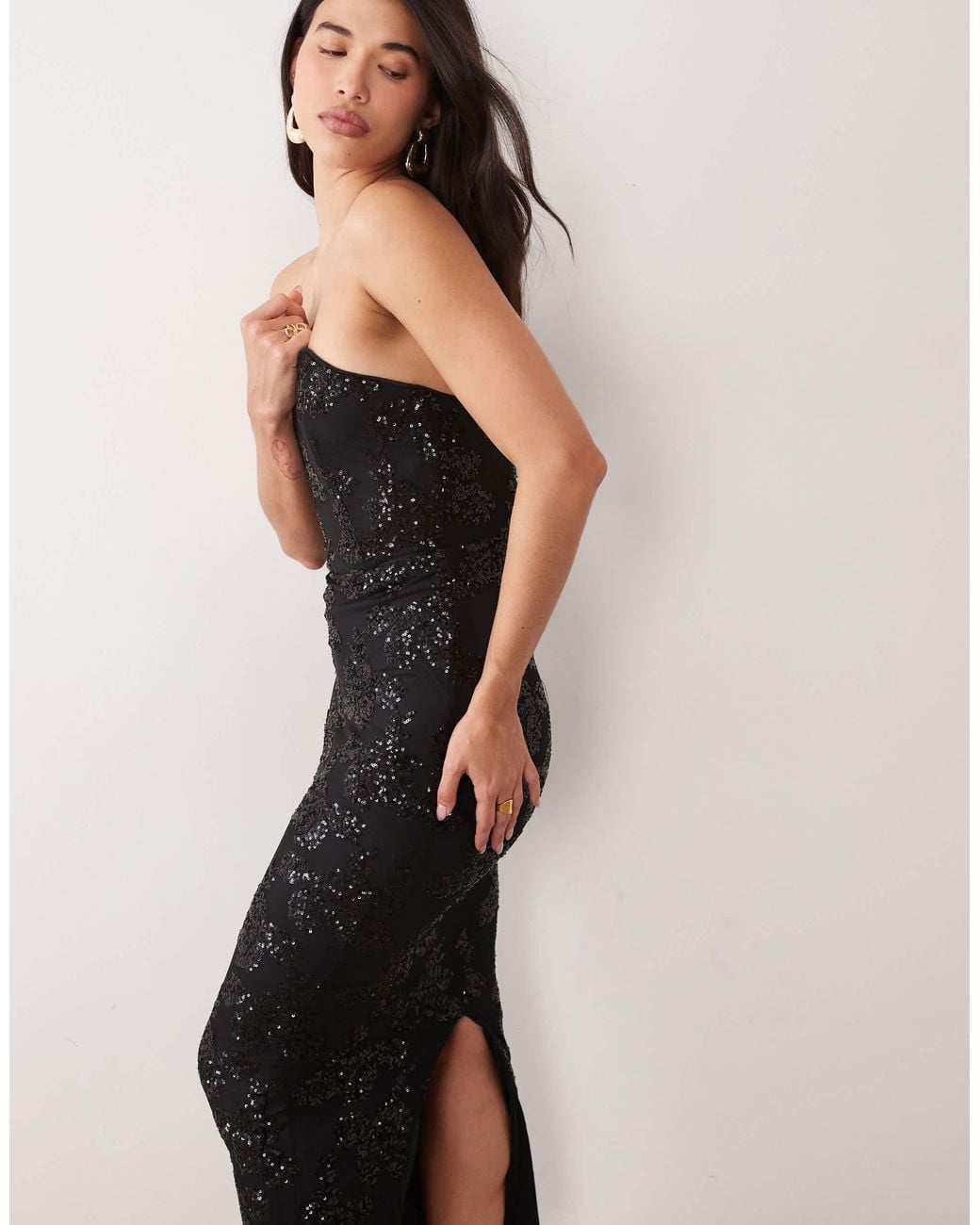 Structured Floral Design TFNC London Floral Sequin Structured Bandeau Maxi Dress in Black | Lyst
