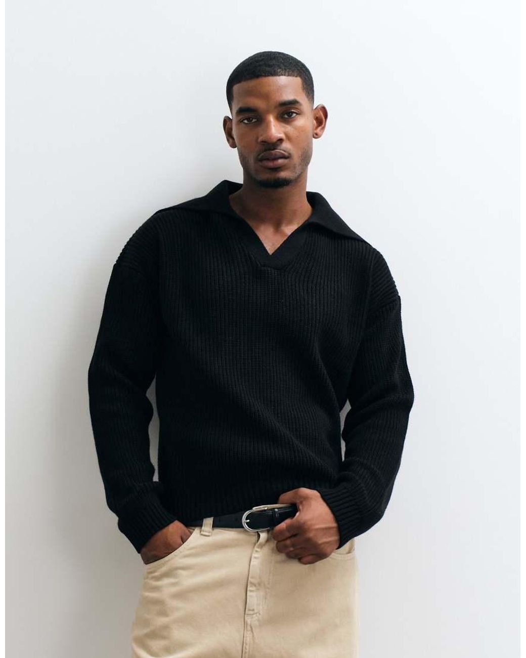 ASOS Blue Oversized Knitted Extreme Open Collar Polo Jumper for men