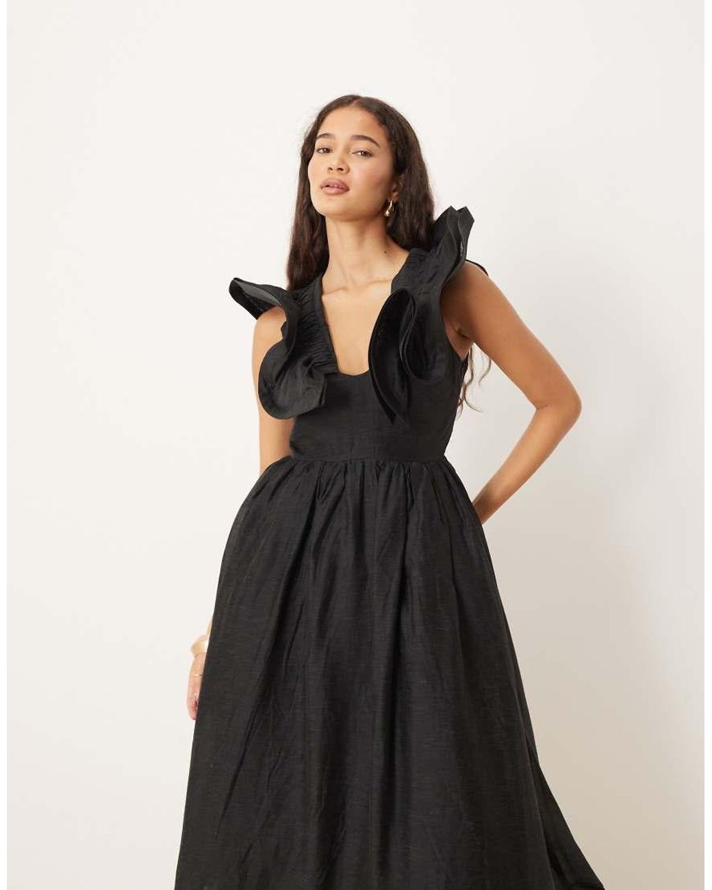 True Decadence Black Ruffle Neck Midi Dress