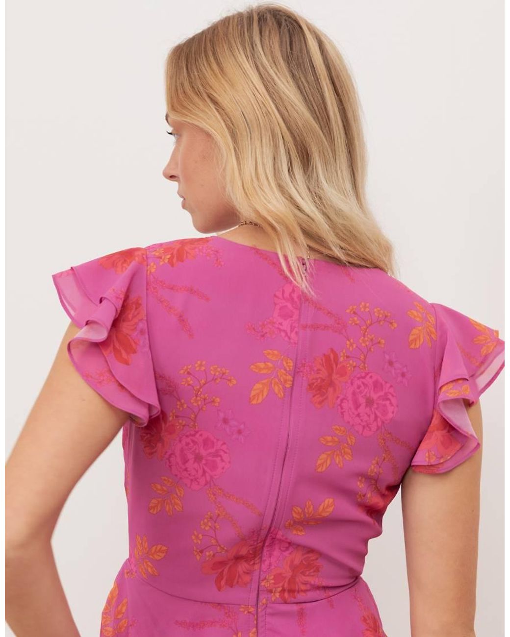 ANAYA Pink Floral Faux Wrap Flutter Sleeve Tiered Maxi Dress