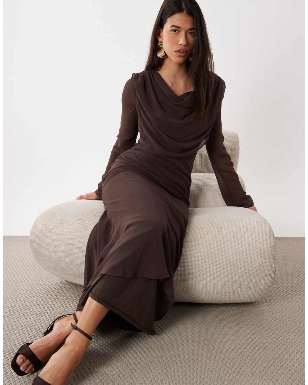 DASKA Brown Chiffon Cowl Neck Maxi Dress With Mesh Detail