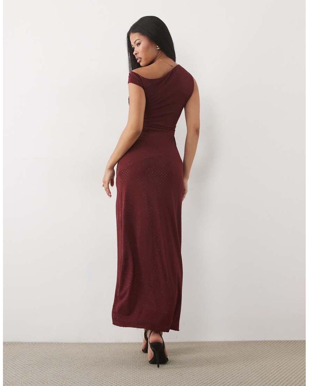 TFNC London Red Hotfix Fallen Shoulder Thigh High Split Maxi Dress