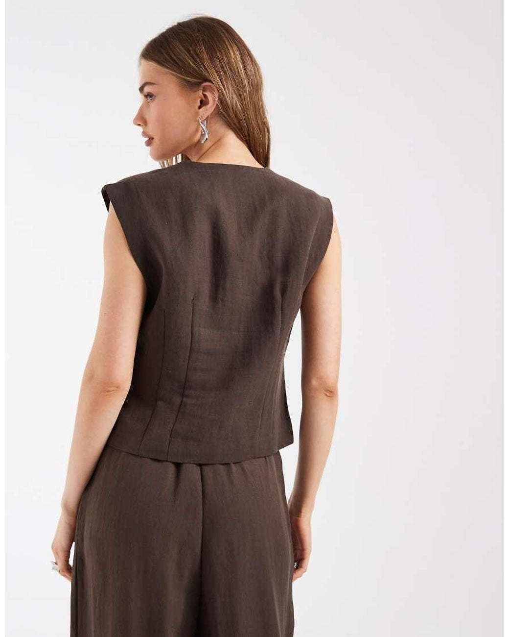 Object Brown Linen Look Tailored Popper Front Waistcoat