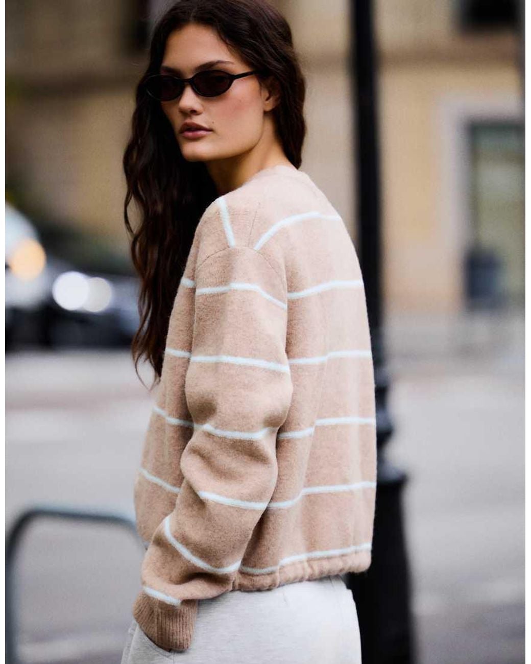 Bershka Black Round Neck Striped Knit Cardigan