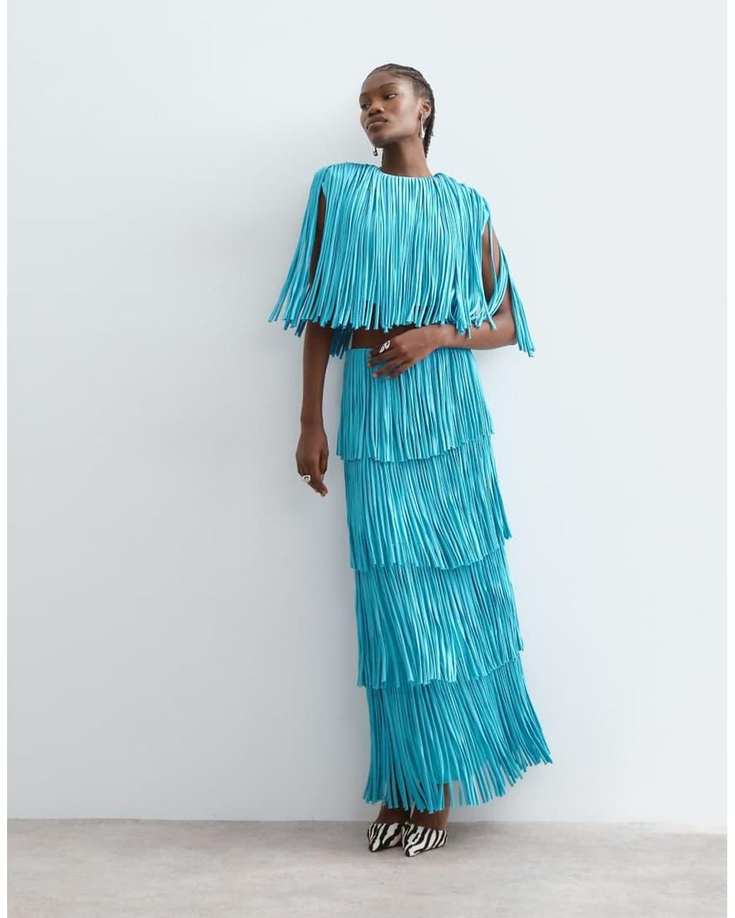 ARRANGE Blue Tiered Fringe Square Cut Top Co Ord