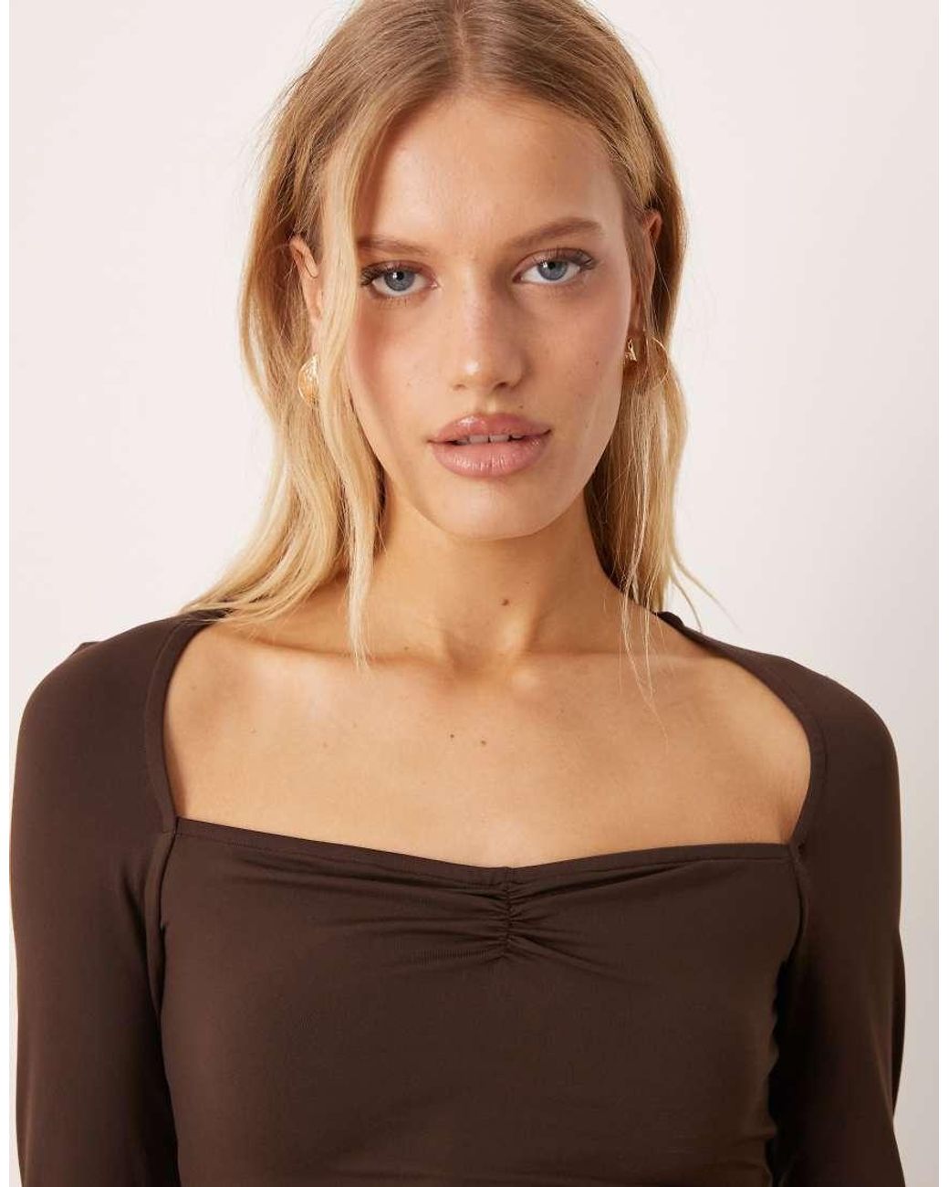 ASOS Brown Wide Sweetheart Neckline Long Sleeve Top