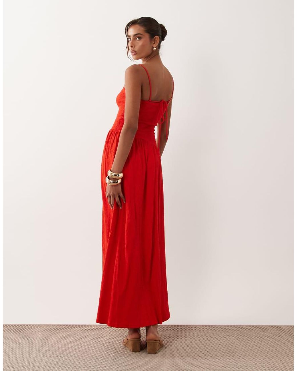 ASOS Red Crinkle Cami Tie Back Midi Dress With Asym Waist