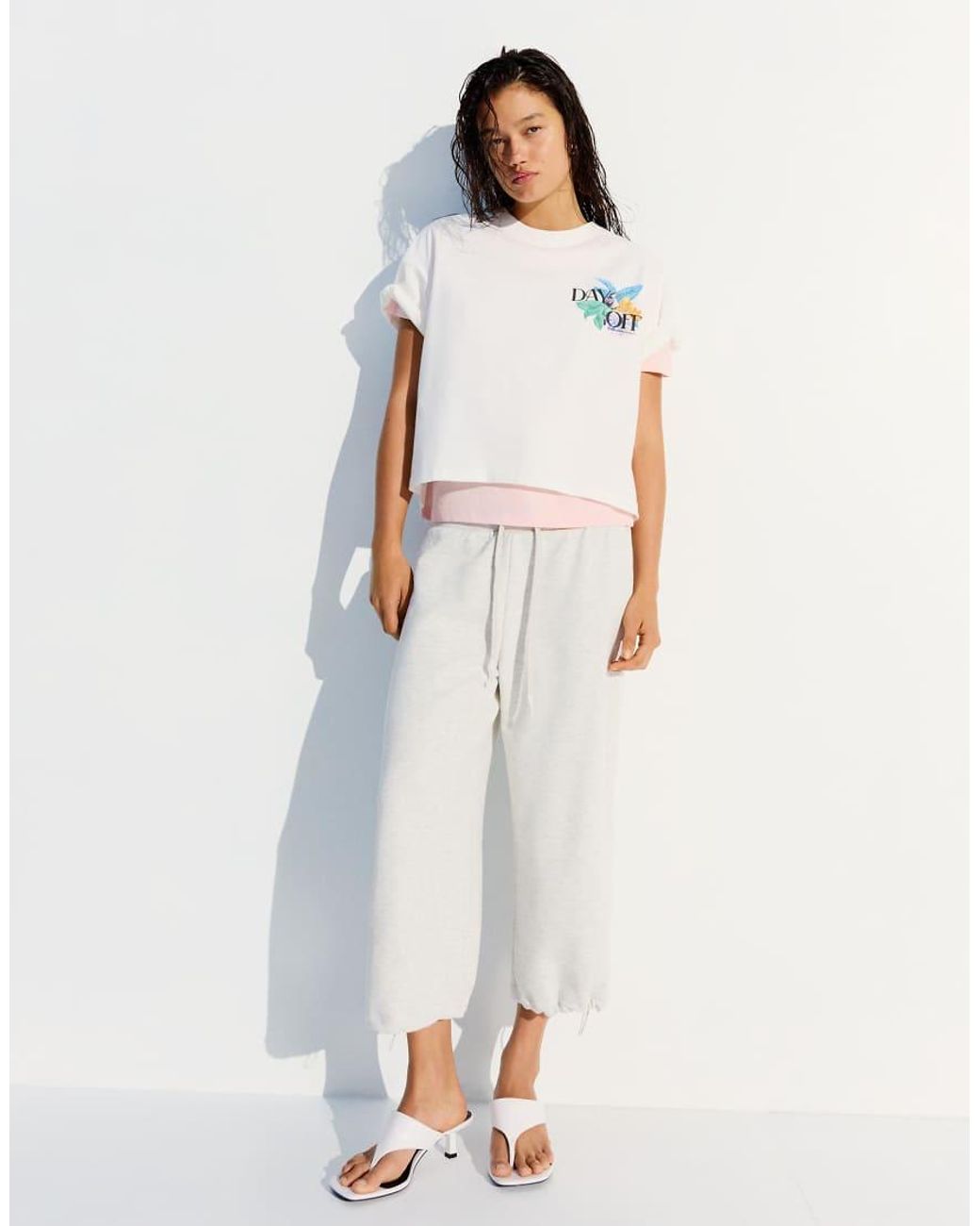Bershka White Oversize Short Sleeve Print T-shirt