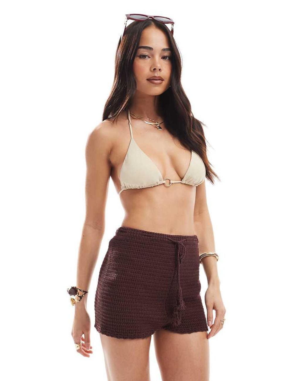 Miss Selfridge Red Festival Crochet Knit Booty Shorts