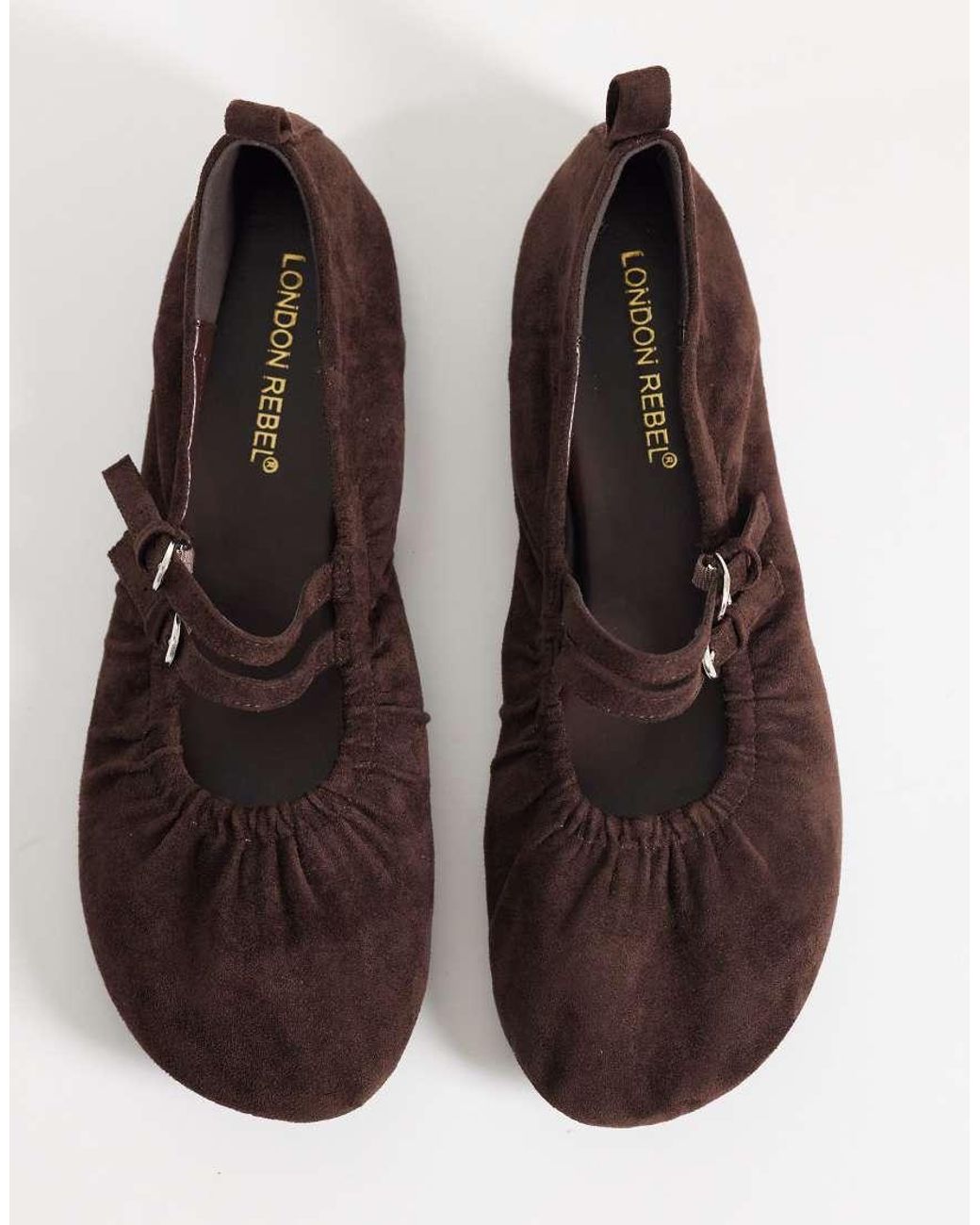 London Rebel Brown Mia Faux Suede Strappy Ruched Ballet Flats