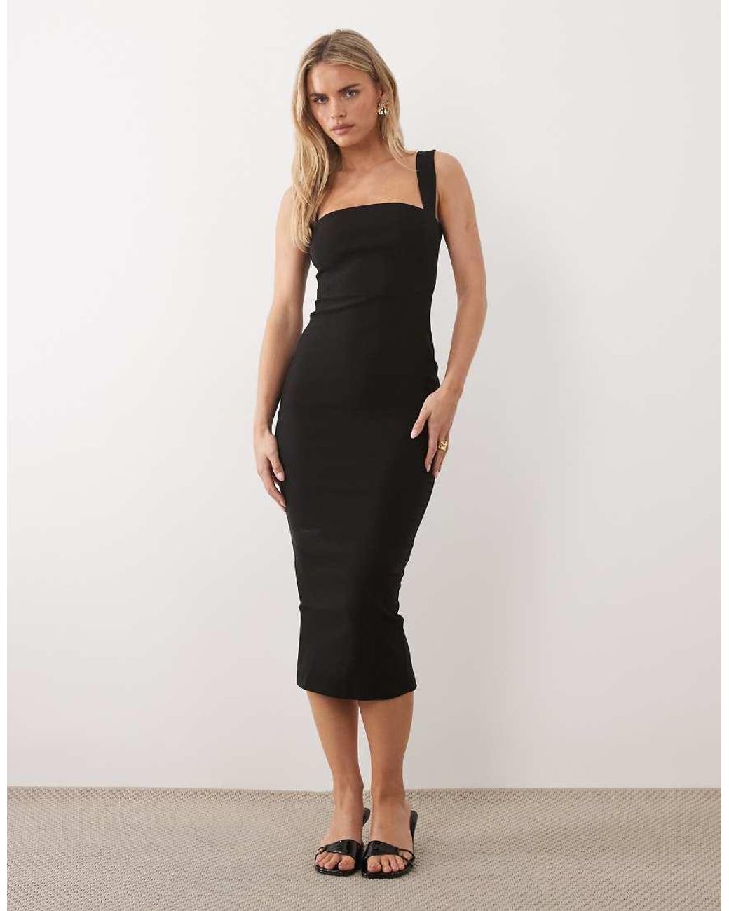 Vesper Petite Black Bengaline Square Neck Mesh Panel Dress