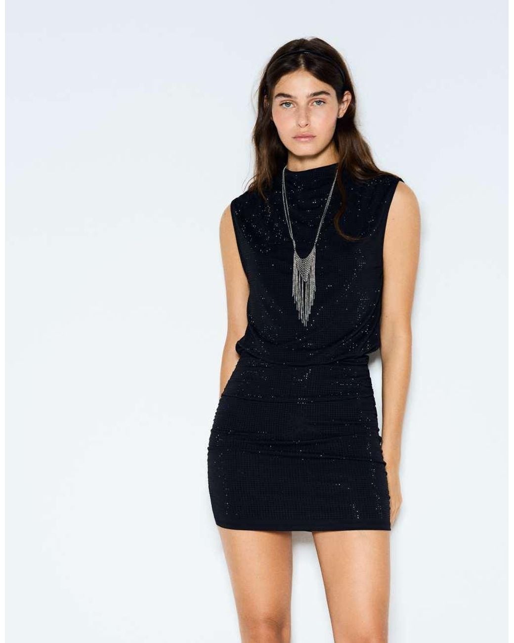 Bershka Blue Fitted Mini Dress With Gathered Detail And Rhinestones