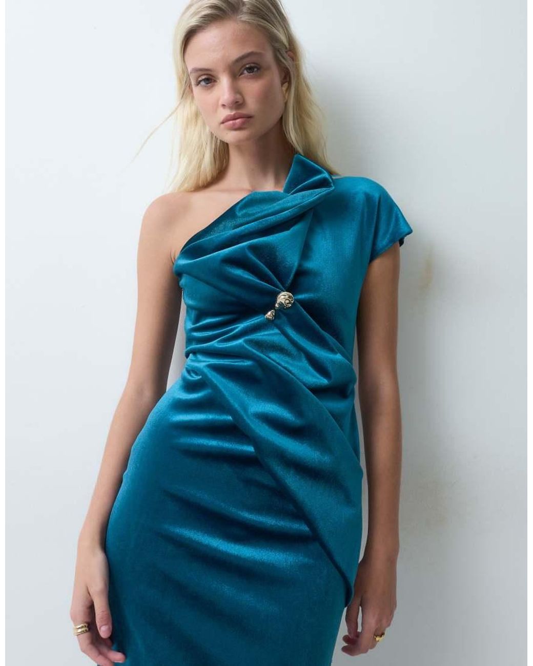 ASOS Blue Asymmetric One Shoulder Midi Dress With Trim
