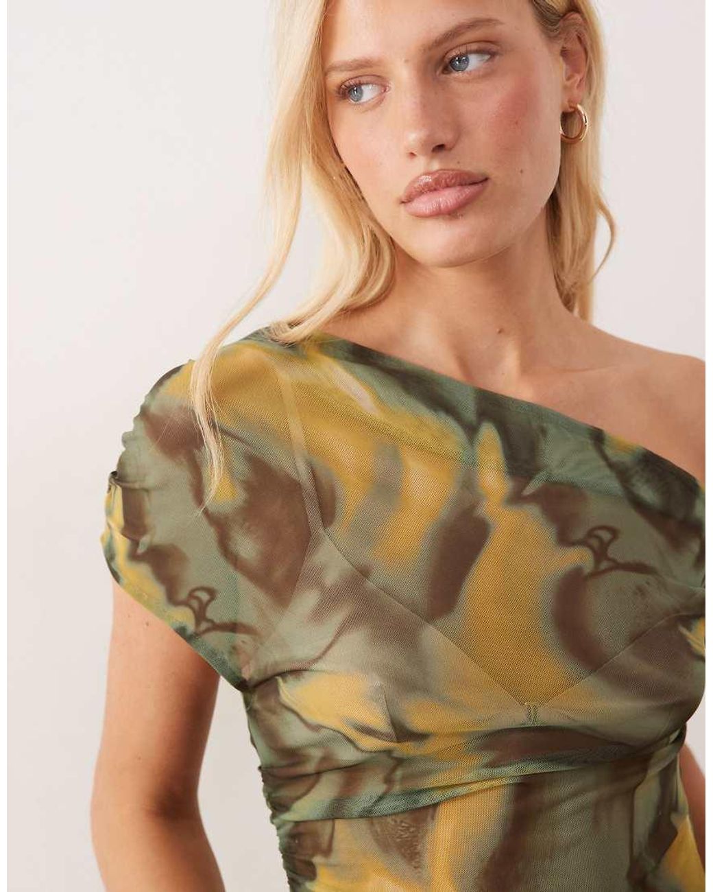 ASOS Natural Sheer Mesh Ruched Off Shoulder Asymmetric Top