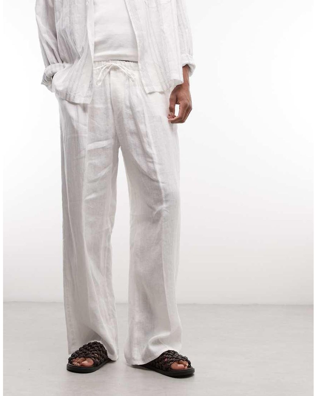 Weekday White Loose Fit Linen Trousers for men