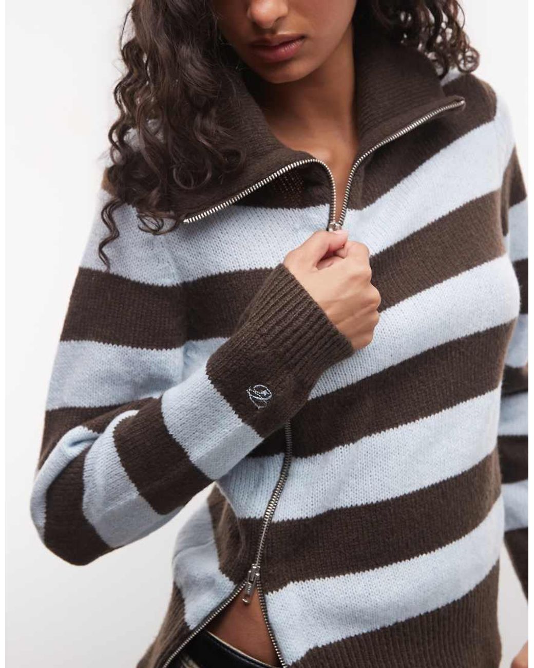 Collusion Brown Asymmetric Zip Through Knitted Jumper