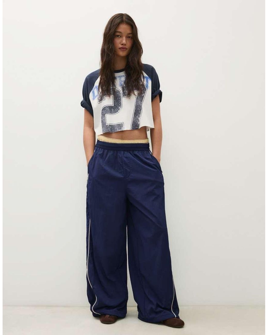 Bershka Blue Technical Parachute Trousers
