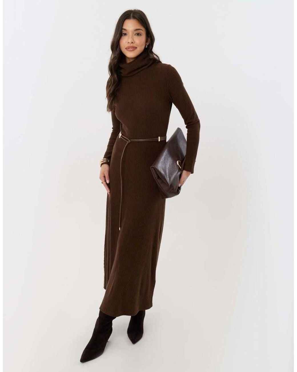 Threadbare Brown Petite Ribbed Roll Neck Maxi Dress With Belt