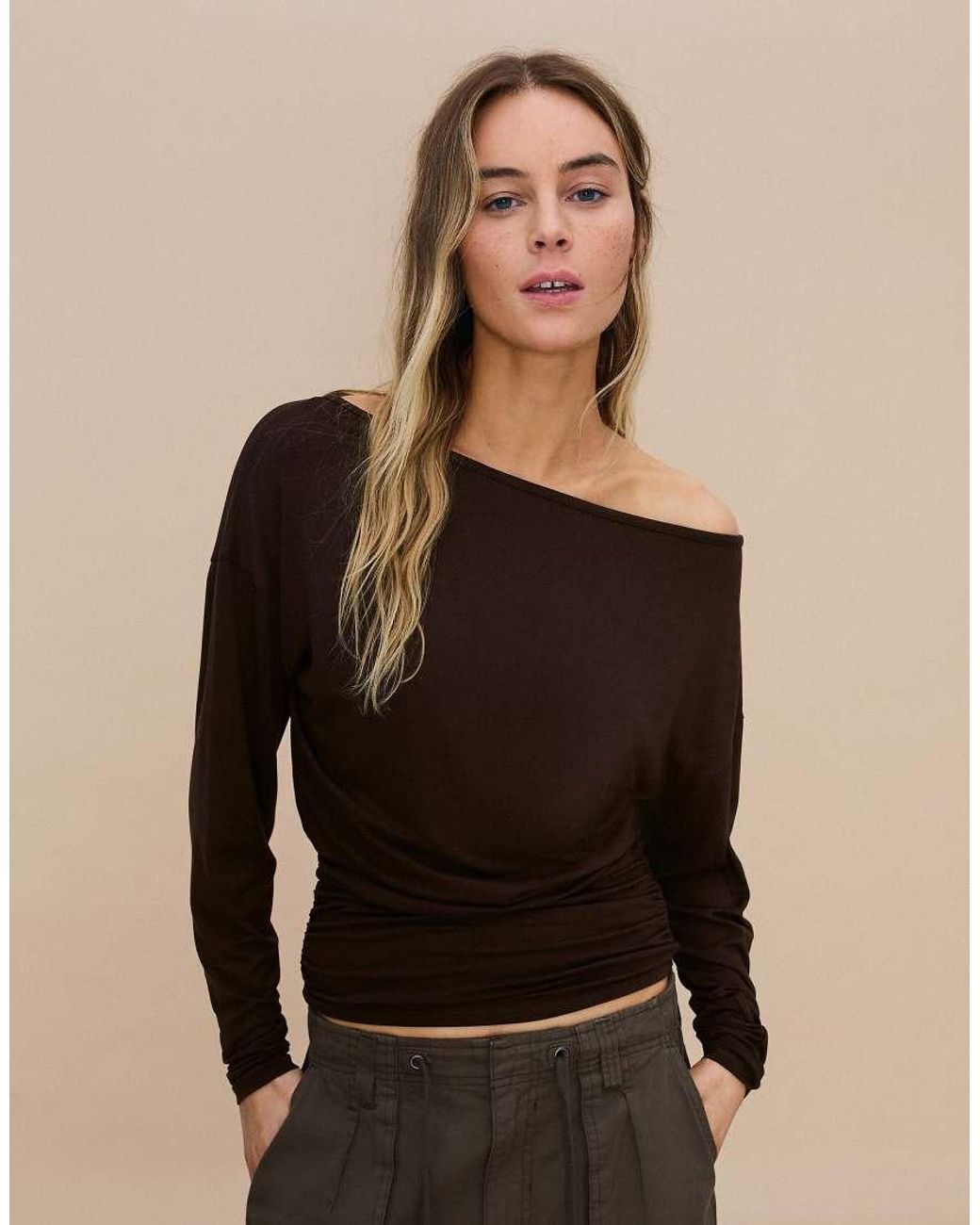 Bershka Black Asymmetric Neck Long-Sleeved T-Shirt