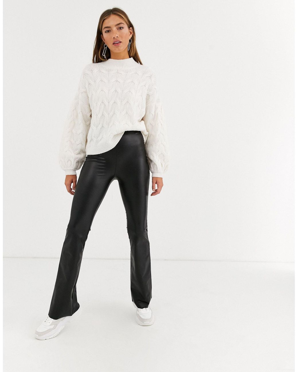 Stradivarius Faux Leather Flare Pants in Black | Lyst