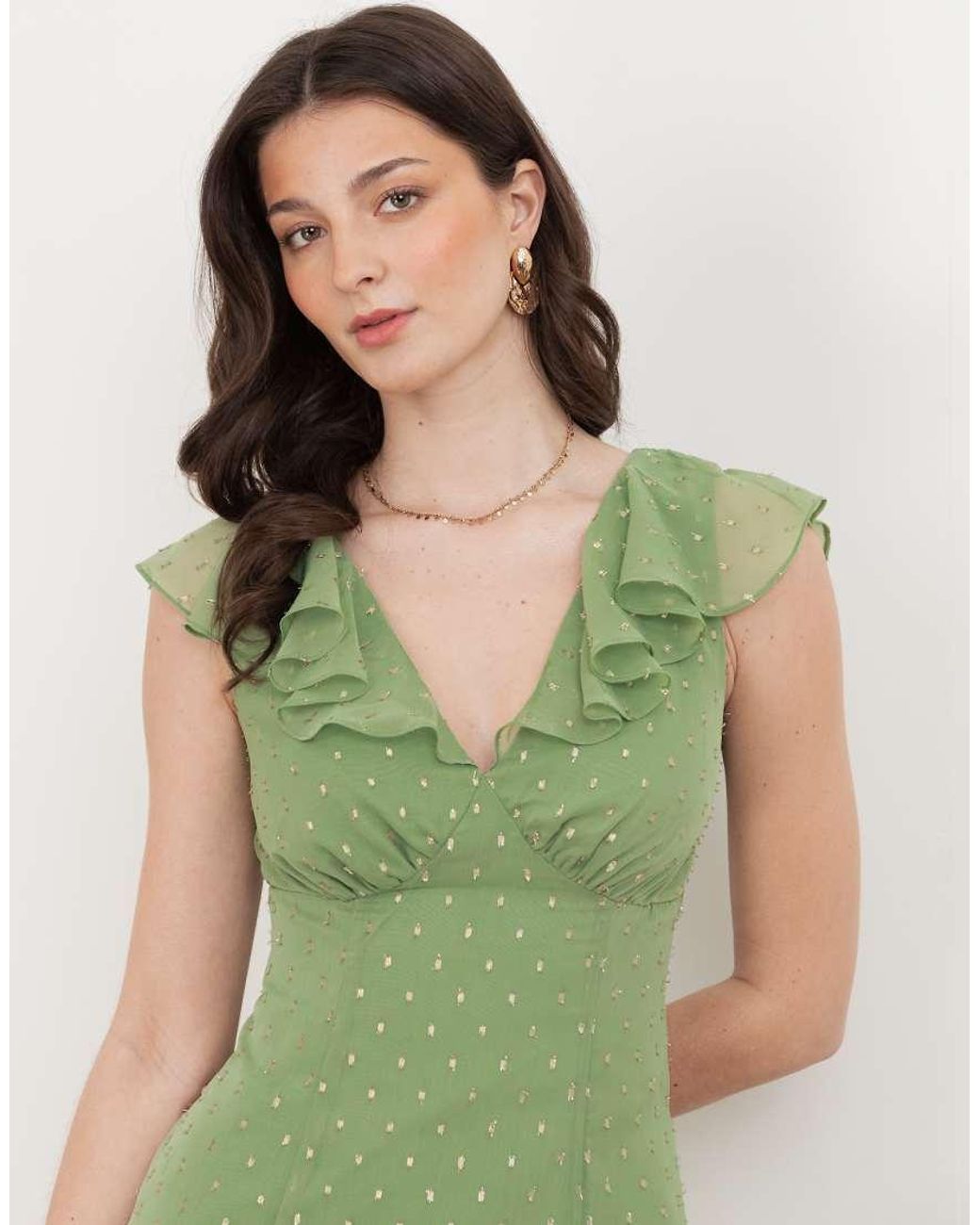 ANAYA Green V Neck Ruffle Midaxi Dress