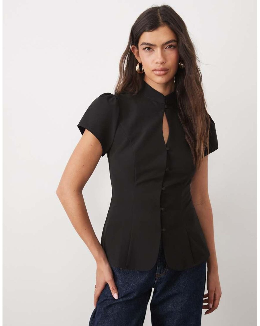 Gina Tricot Black Mandarin Collar Keyhole Top