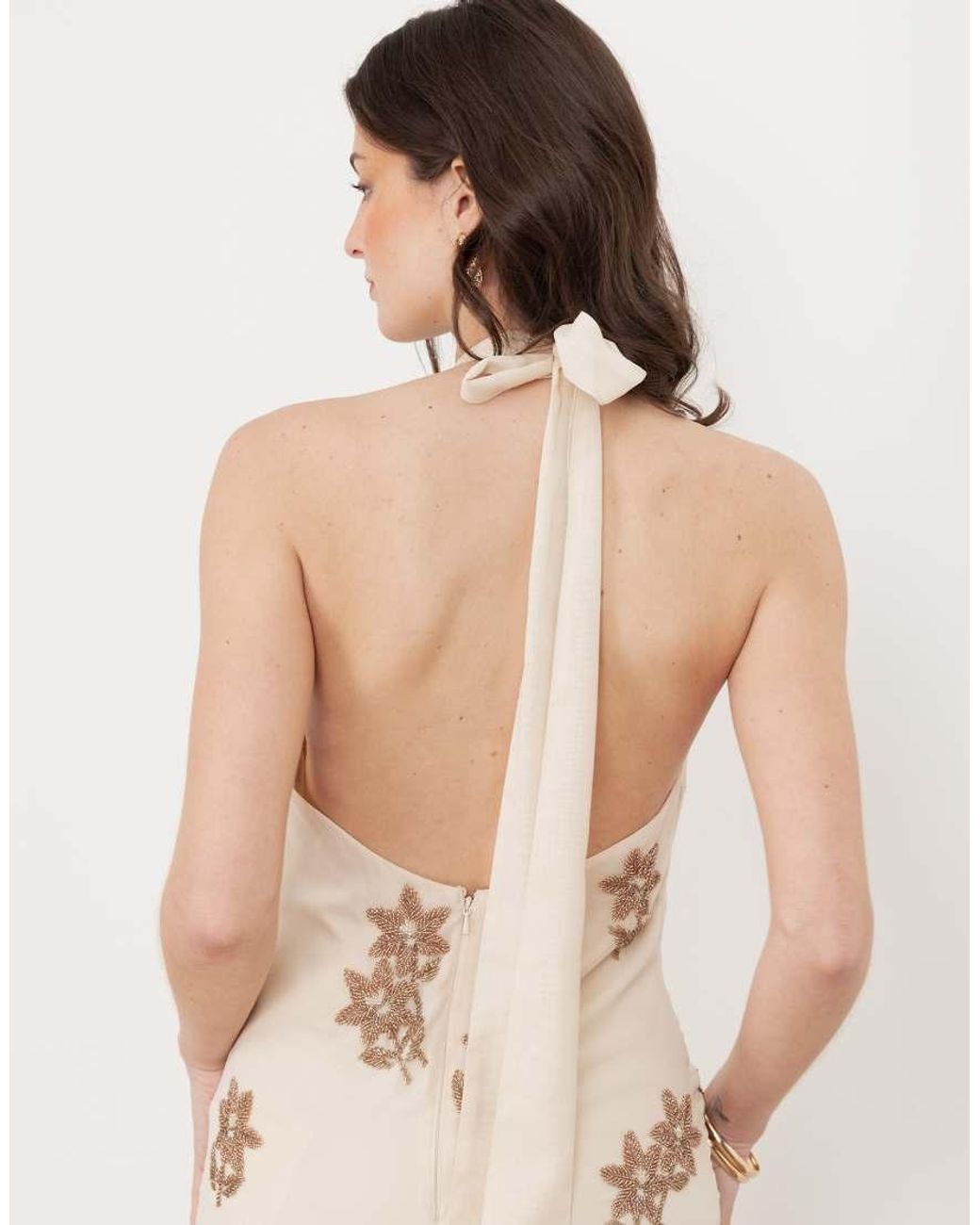 Maya Natural Embellished Drop Waist Halter Neck Midaxi Dress
