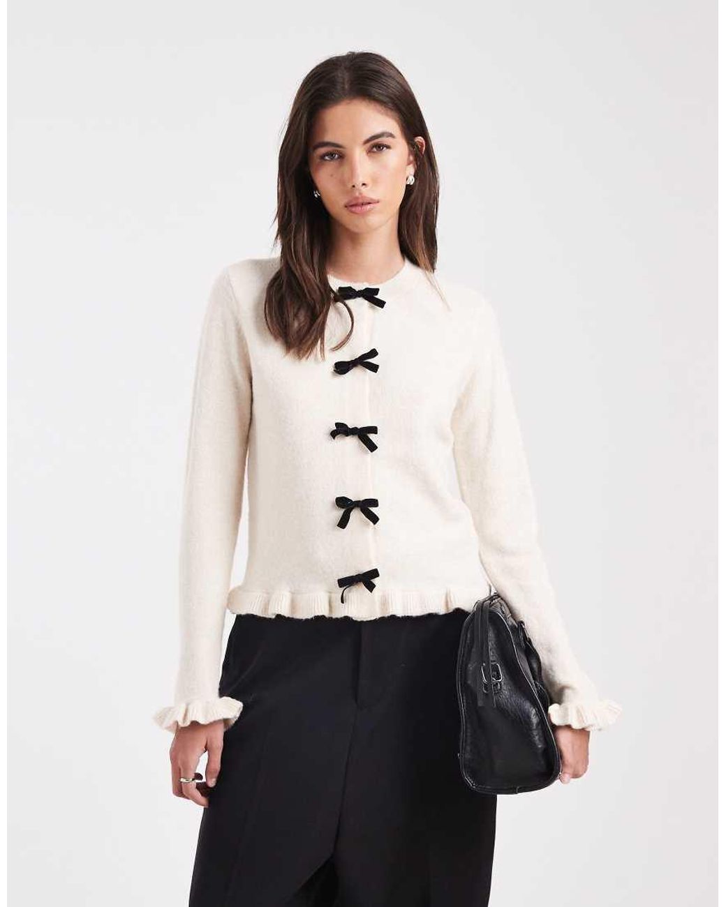 Threadbare White Crew Neck Cardigan With Flutter Sleeve And Bow Detail