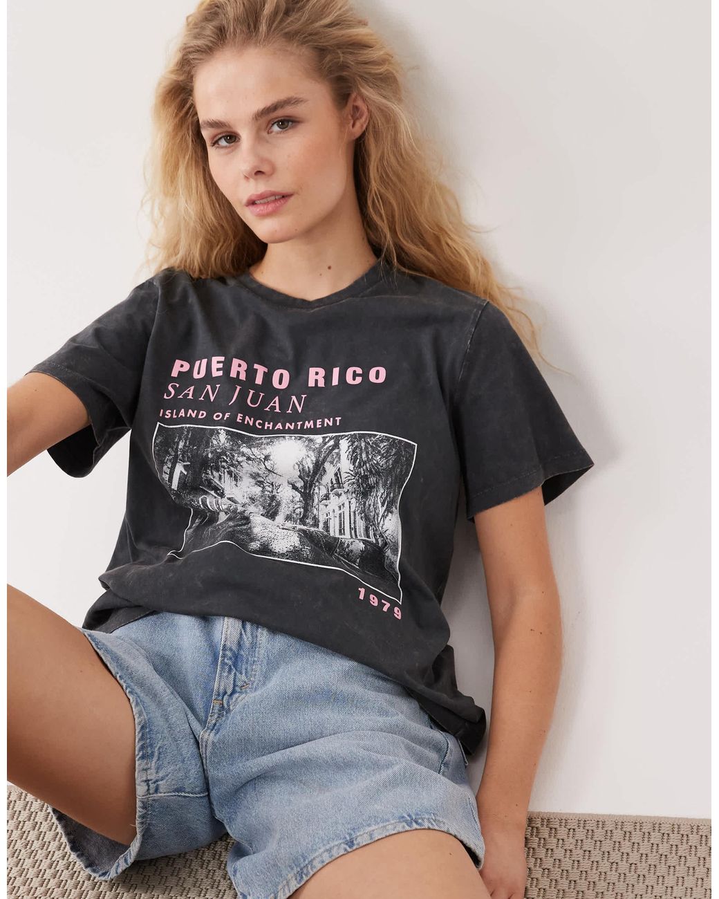 T-shirt à manches courtes avec imprimé puerto rico - anthracite délavé ASOS en coloris Blue