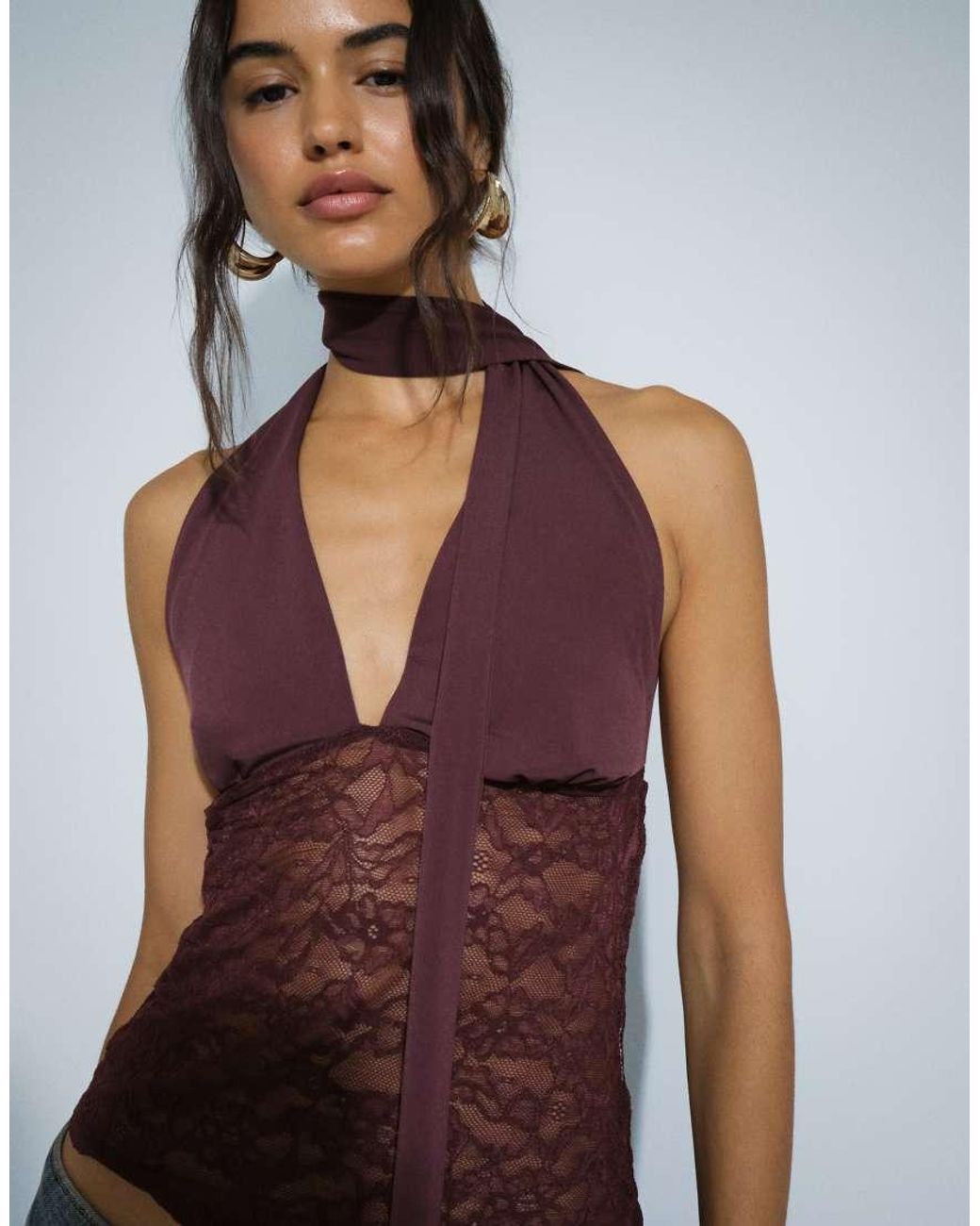 Gina Tricot Brown Lace Plunge Top With Scarf