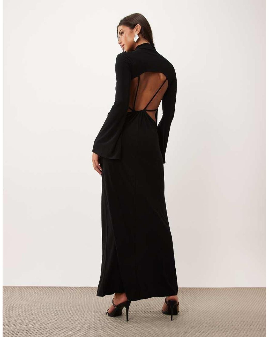 ASOS Black Slinky High Neck Maxi Dress With Flute Sleeve And Draped Open Back Strappy Detail