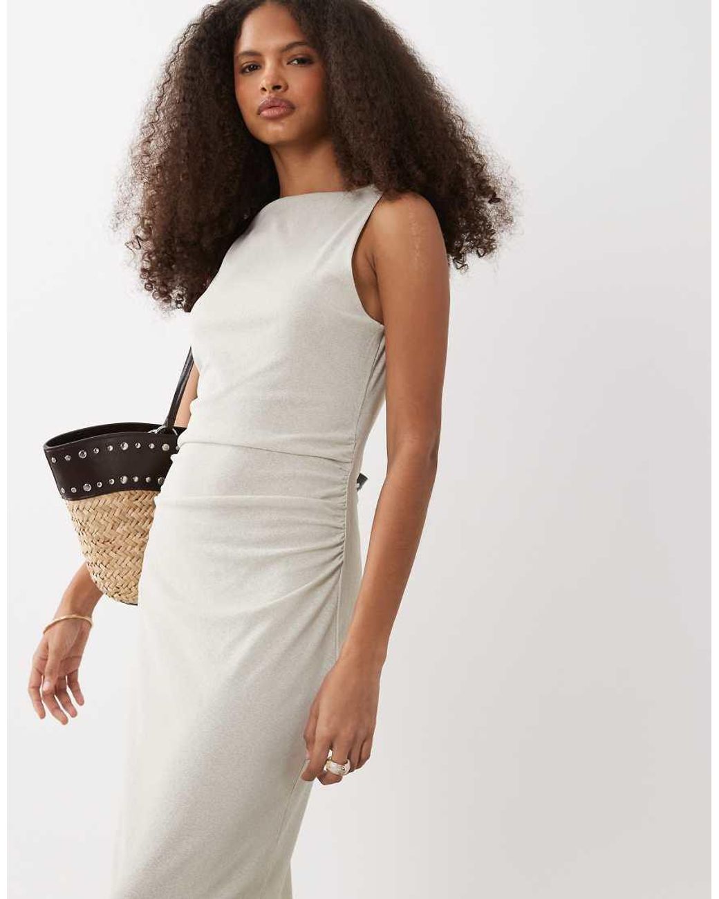 Mango White Boat Neck Sleeveless Midi Dress With Ruched Waist
