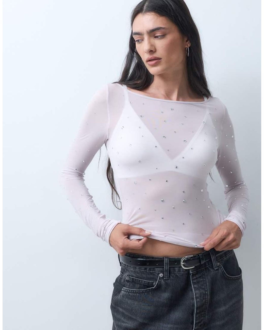 Monki Gray Boatneck Long Sleeve Top With Stud Detail