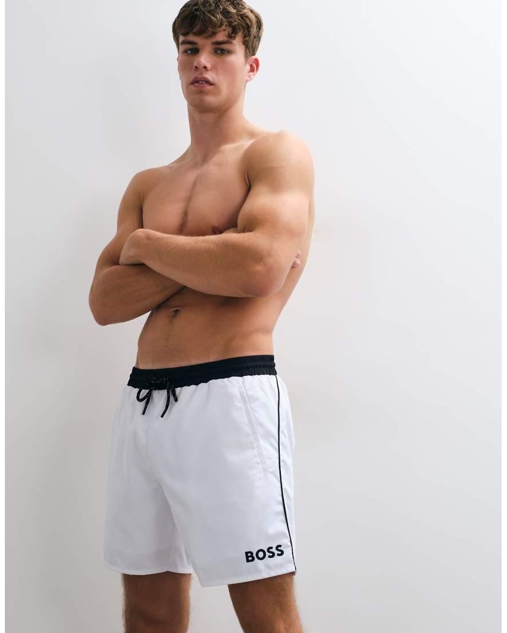 Boss White Starfish Swim Shorts With Logo Print for men