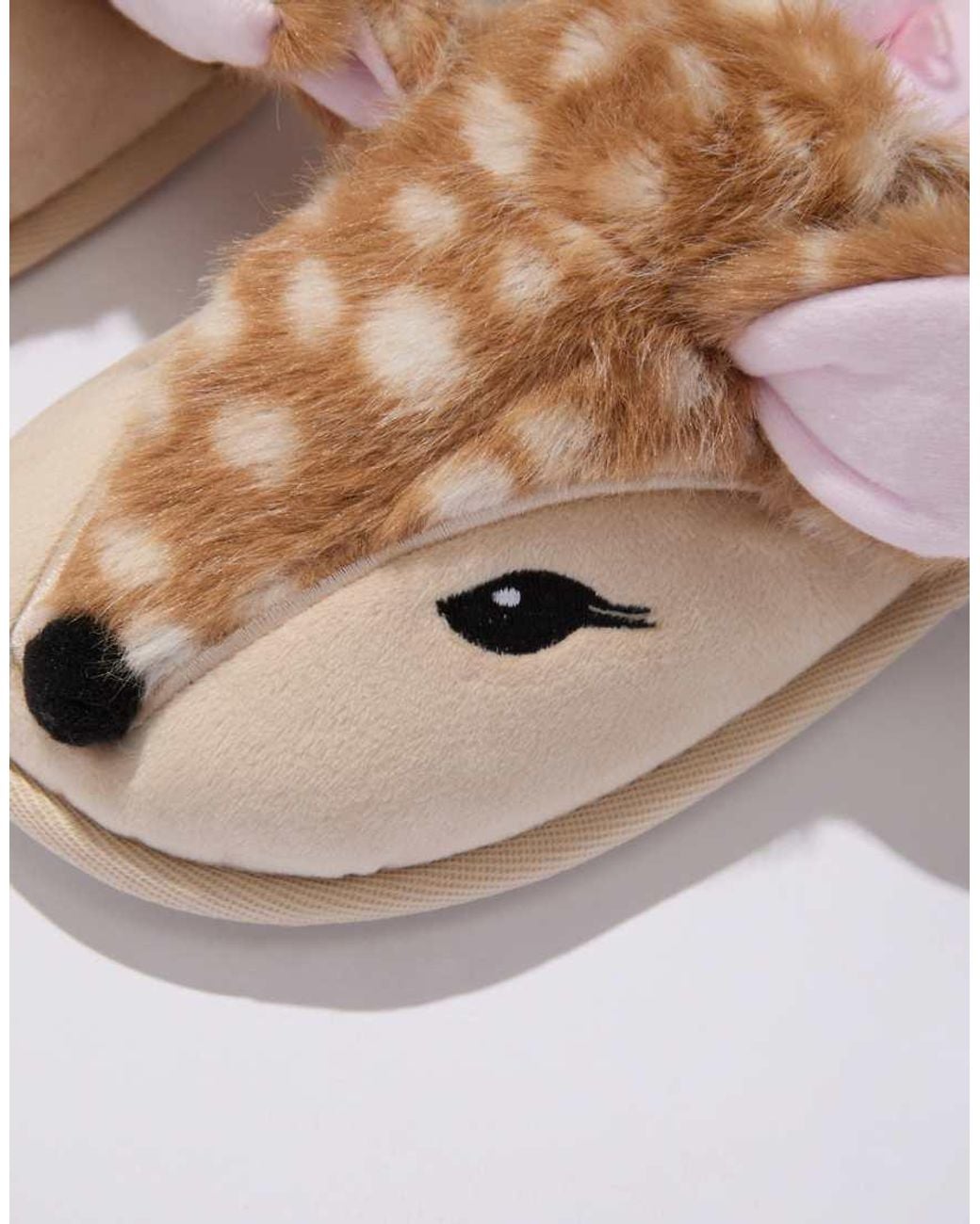 Boux Avenue Natural Deer Plush Mule Slippers Super Soft Cosy Pom Pom Loungewear