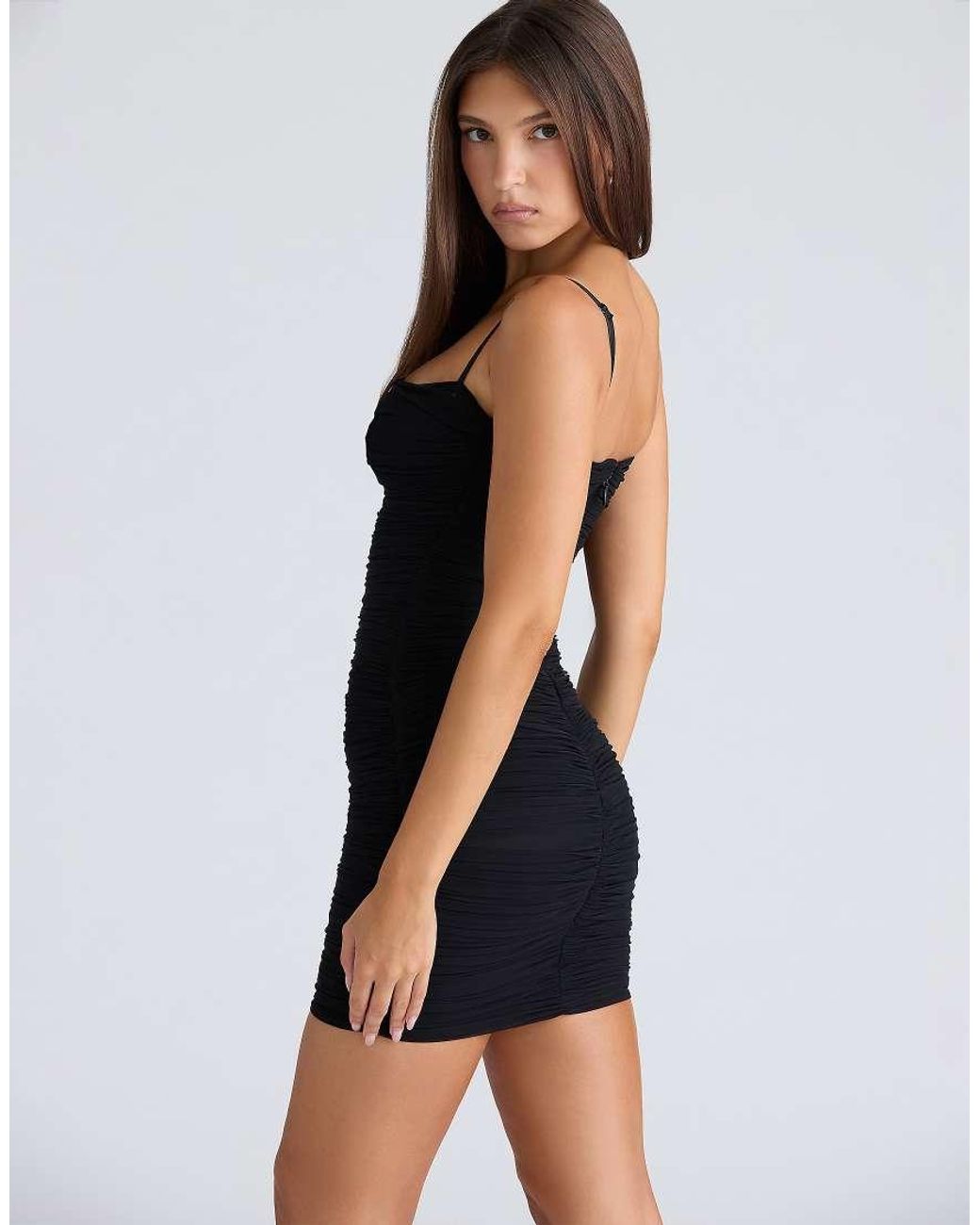 House Of Cb Black Ella Gathered Stretch Mesh Mini Dress