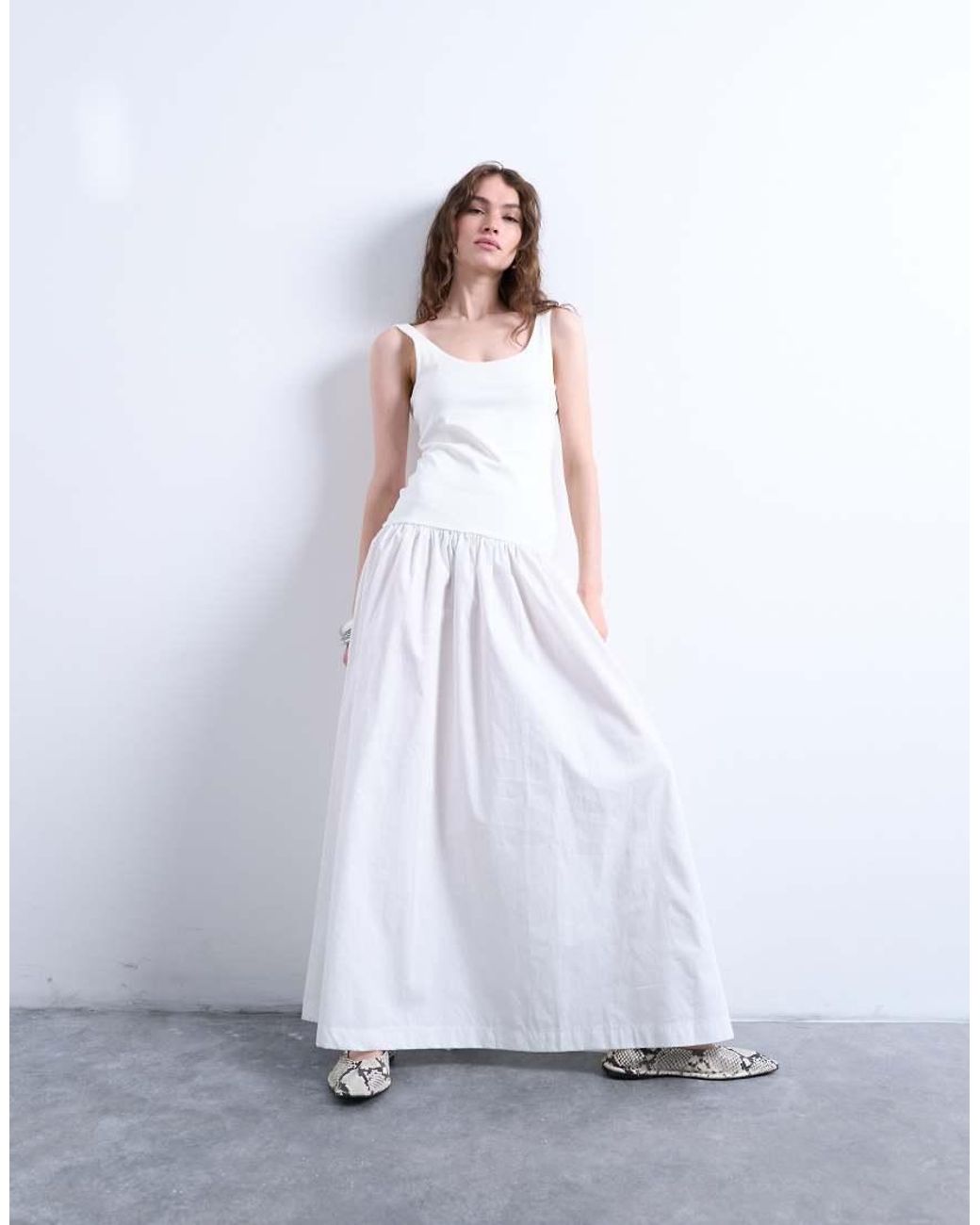 TOPSHOP White Poplin Mix Scoop Neck Maxi Dress