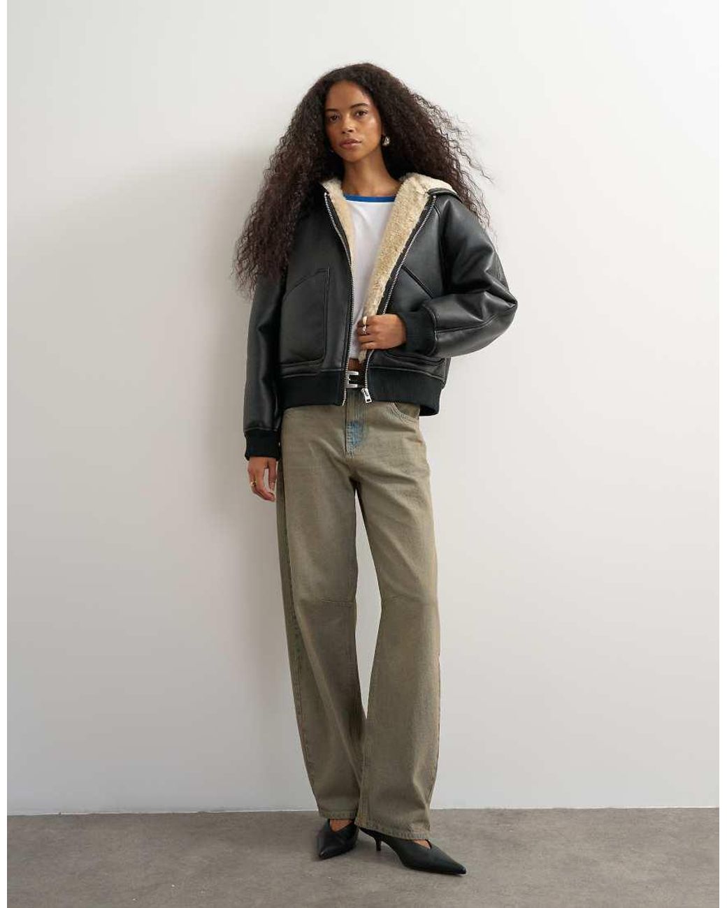 TOPSHOP Black Faux Leather Hooded Shearling Bomber Jacket